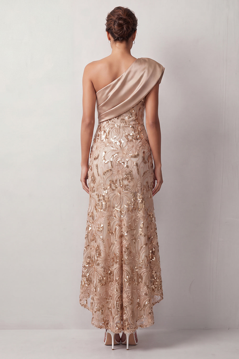 Peach Mermaid One-Shoulder Asymmetrical Sequined Midi Mother of the Bride Dress