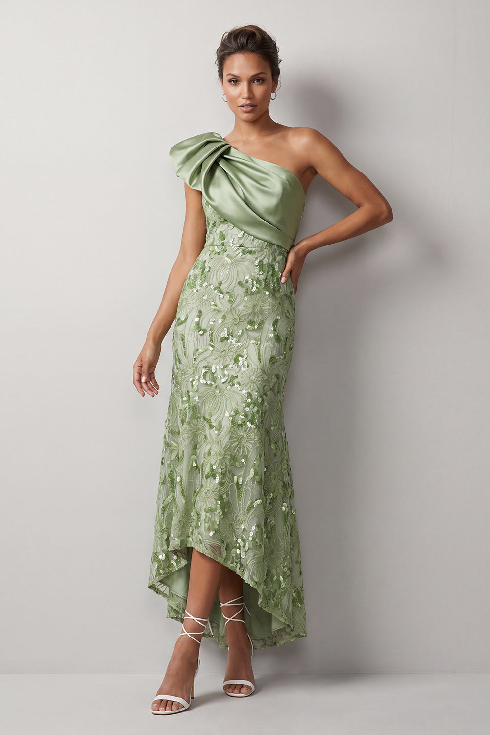 Peach Mermaid One-Shoulder Asymmetrical Sequined Midi Mother of the Bride Dress