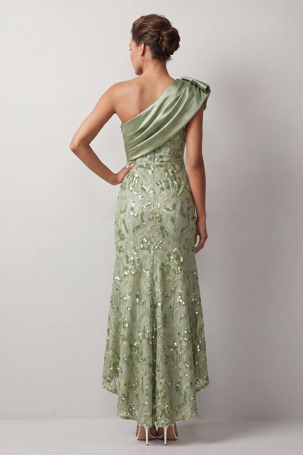 Peach Mermaid One-Shoulder Asymmetrical Sequined Midi Mother of the Bride Dress