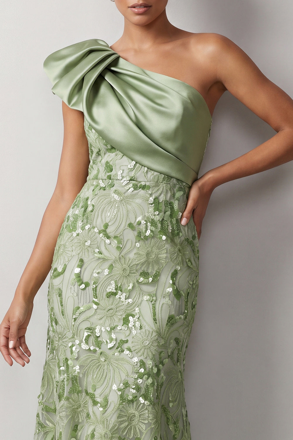 Peach Mermaid One-Shoulder Asymmetrical Sequined Midi Mother of the Bride Dress