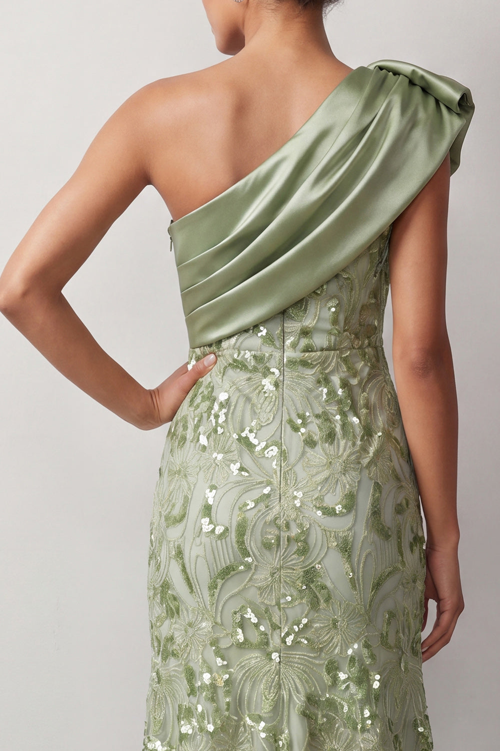 Peach Mermaid One-Shoulder Asymmetrical Sequined Midi Mother of the Bride Dress