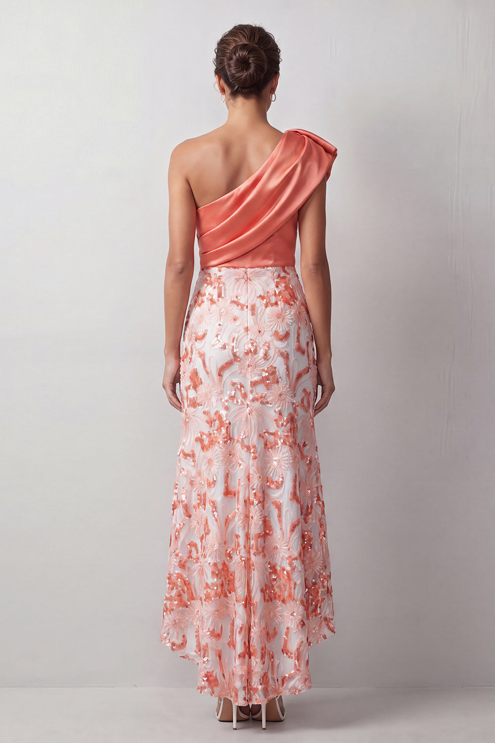 Peach Mermaid One-Shoulder Asymmetrical Sequined Midi Mother of the Bride Dress