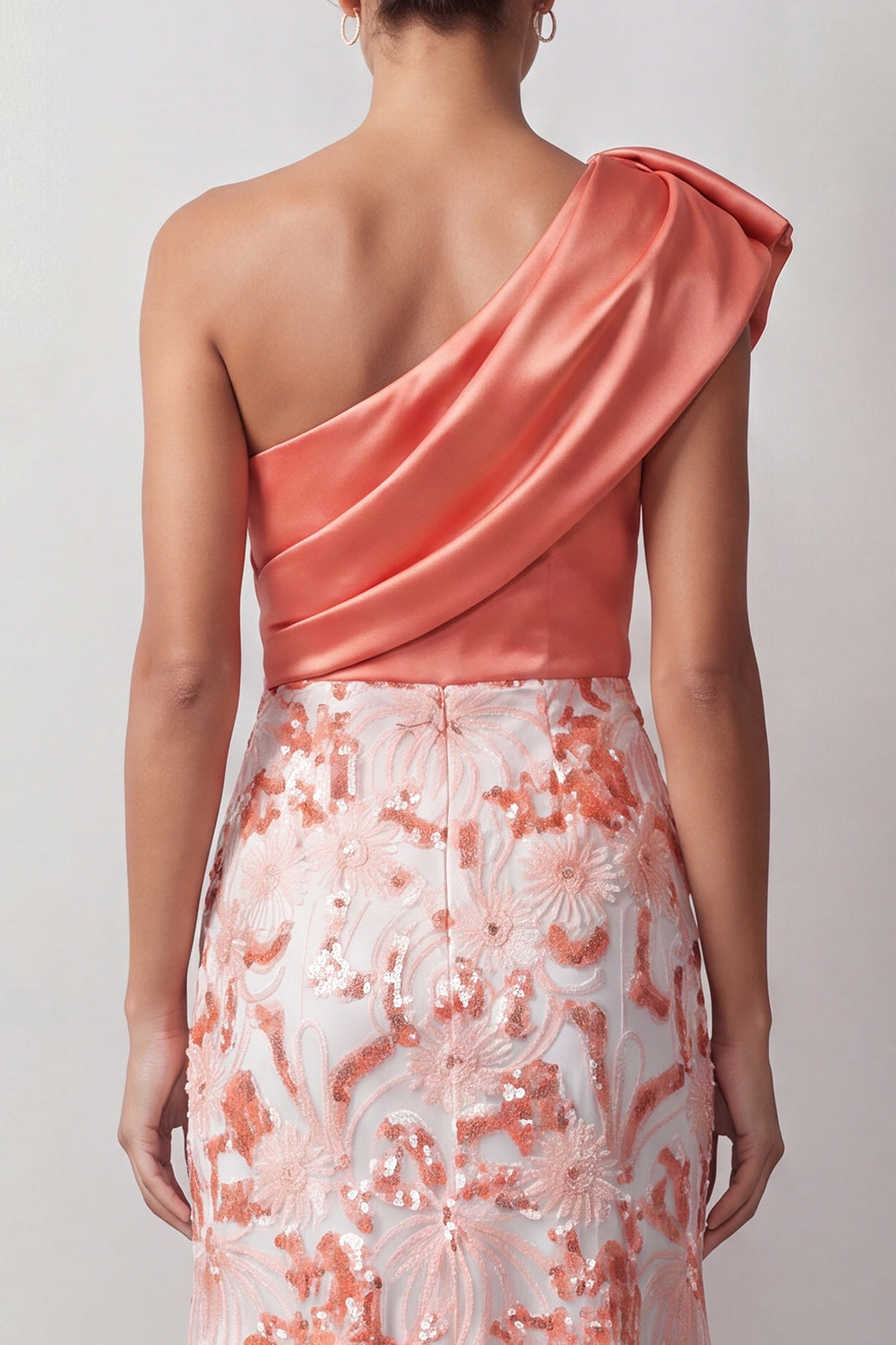 Peach Mermaid One-Shoulder Asymmetrical Sequined Midi Mother of the Bride Dress