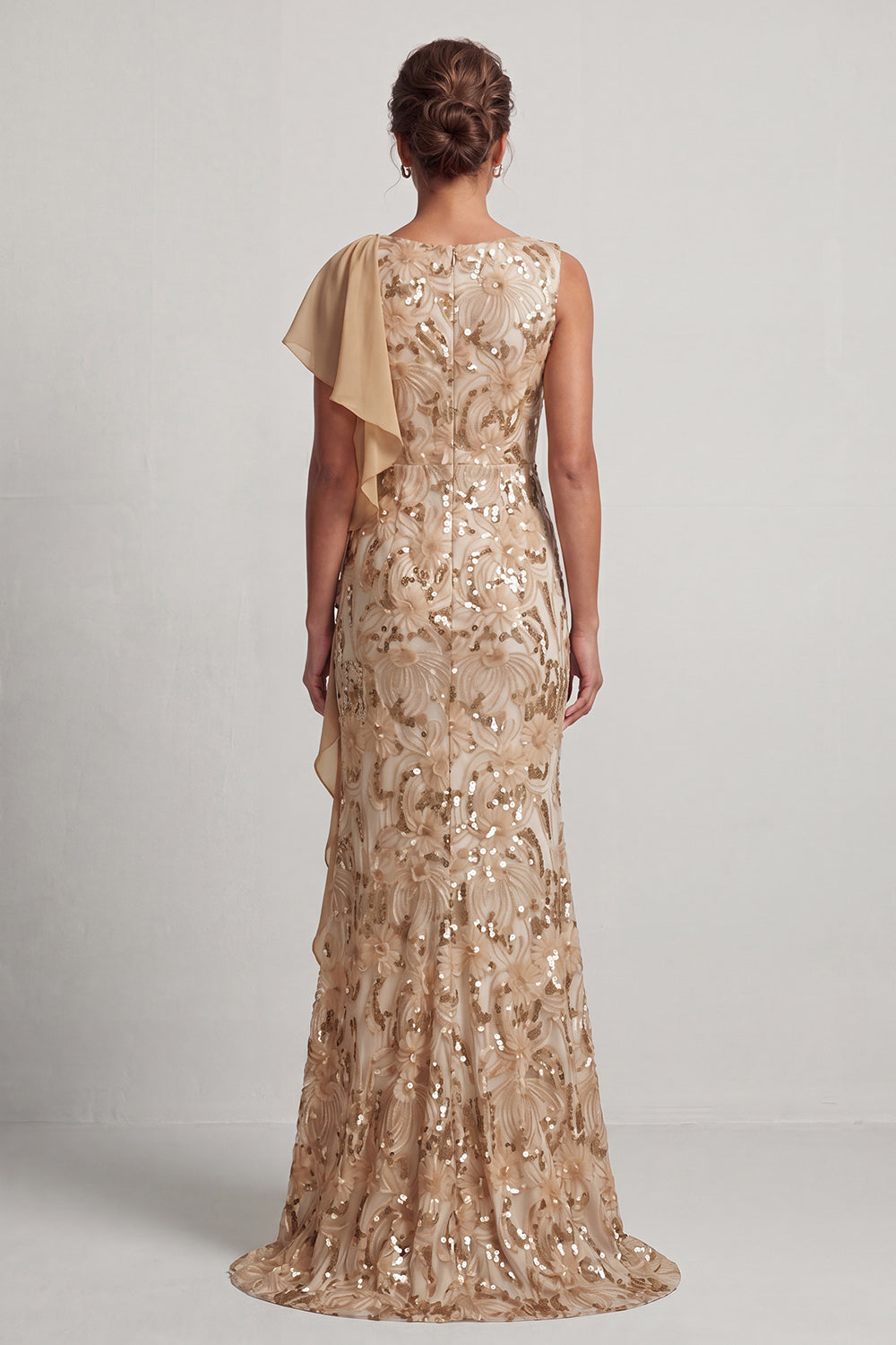 Champagne Mermaid Sequins Bateau Neck Long Mother Of the Bride Dress with Ruffles