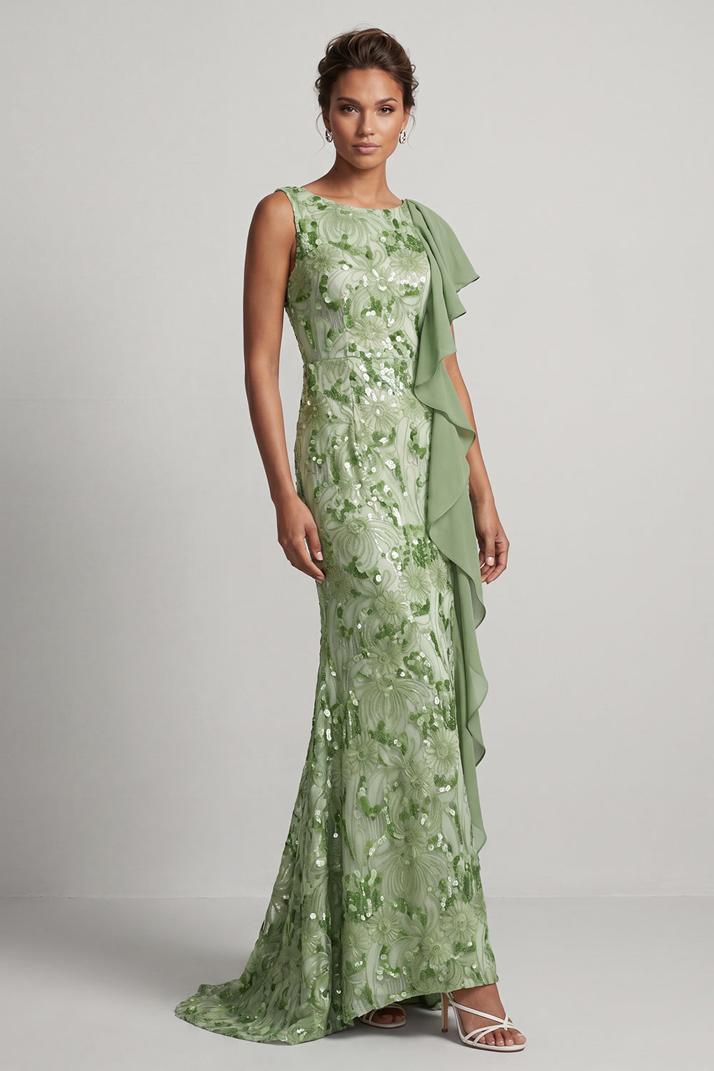 Champagne Mermaid Sequins Bateau Neck Long Mother Of the Bride Dress with Ruffles