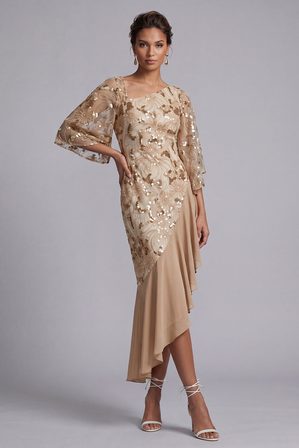 Robe de mère de la mariée sirène pastèque asymétrique à paillettes avec volants