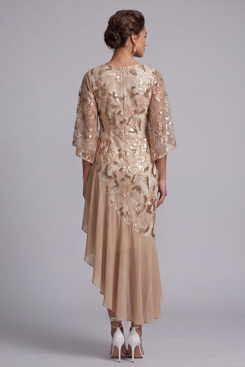 Robe de mère de la mariée sirène pastèque asymétrique à paillettes avec volants