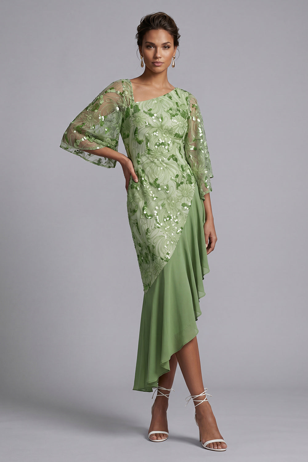 Robe de mère de la mariée sirène pastèque asymétrique à paillettes avec volants