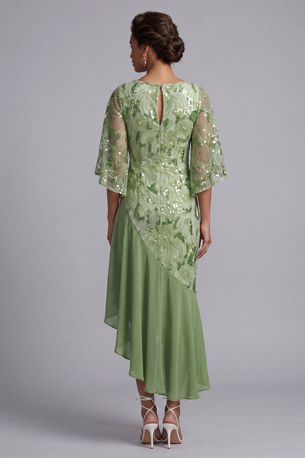 Robe de mère de la mariée sirène pastèque asymétrique à paillettes avec volants