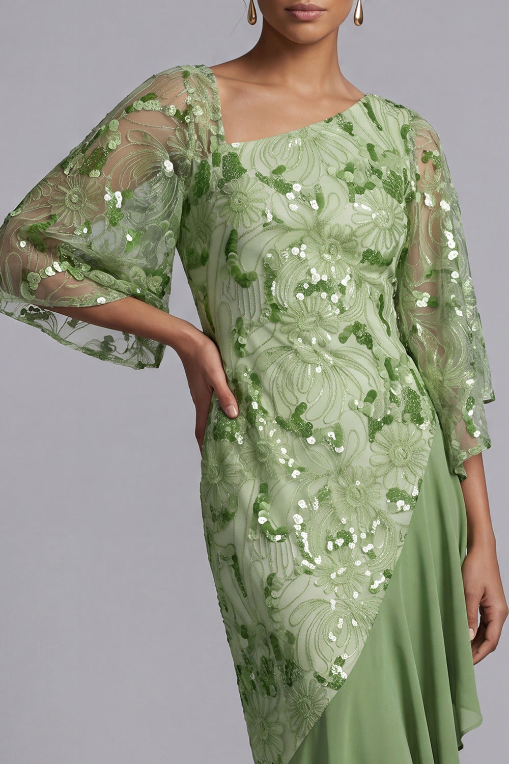 Robe de mère de la mariée sirène pastèque asymétrique à paillettes avec volants