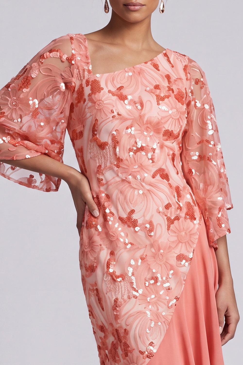 Robe de mère de la mariée sirène pastèque asymétrique à paillettes avec volants