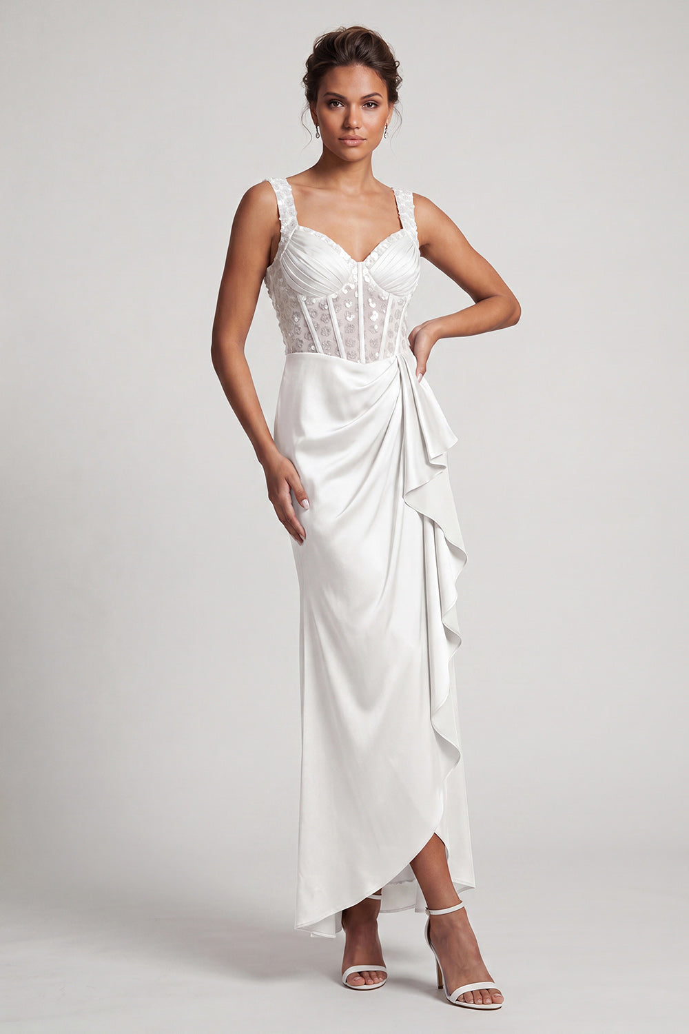 White Mermaid Corset Ruched Sequins Midi Mother Of the Bride Dress with Ruffles