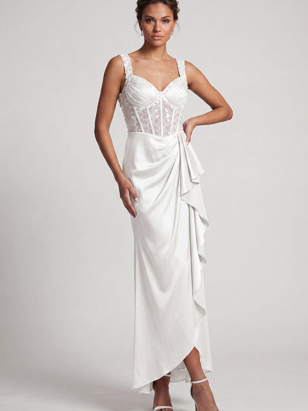 Robe de cocktail sirène blanche avec corsage et sequins froncés à volants, longueur midi, pour la mère de la mariée