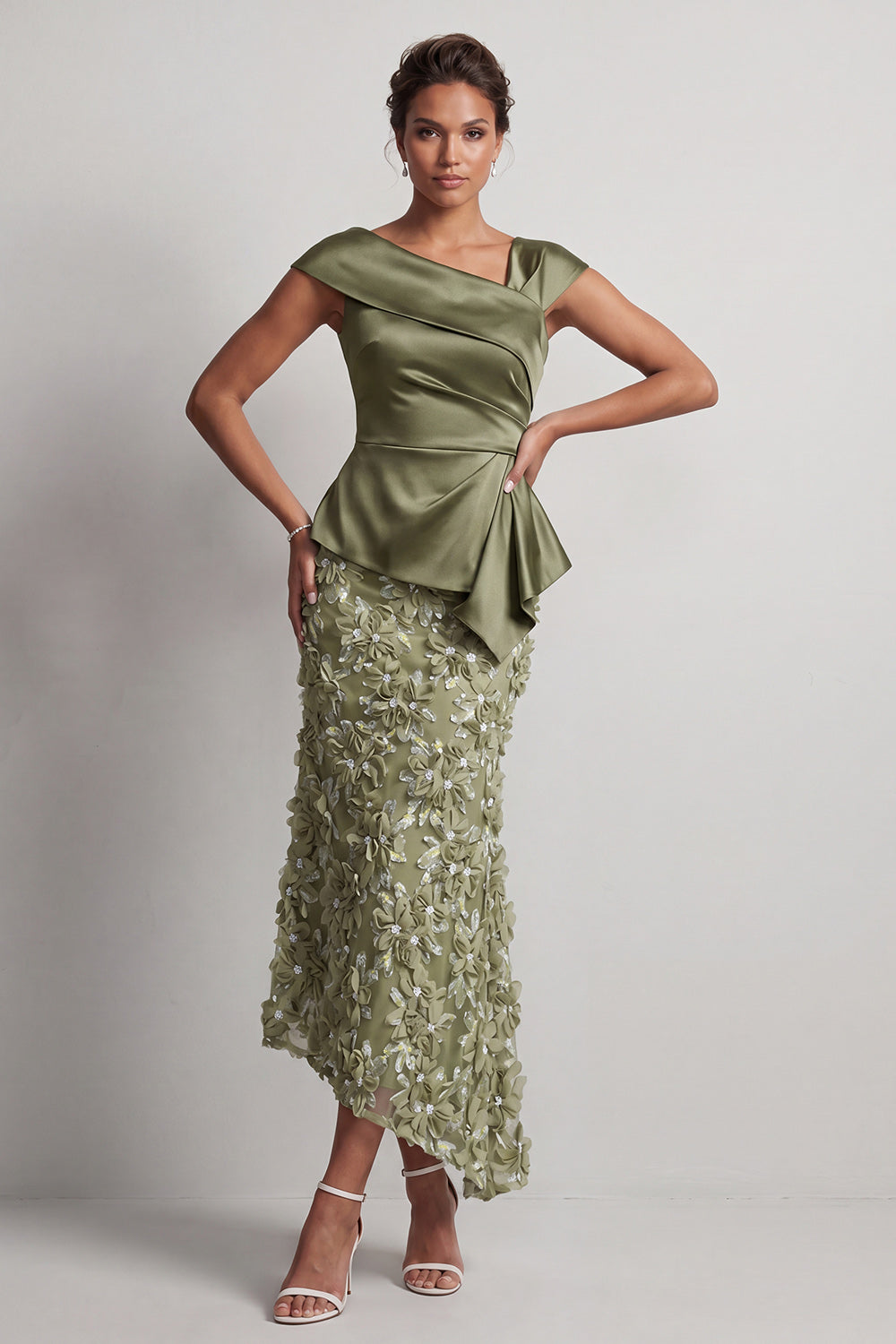 Blue Mermaid Asymmetrical Ruched Floral Midi Mother Of the Bride Dress