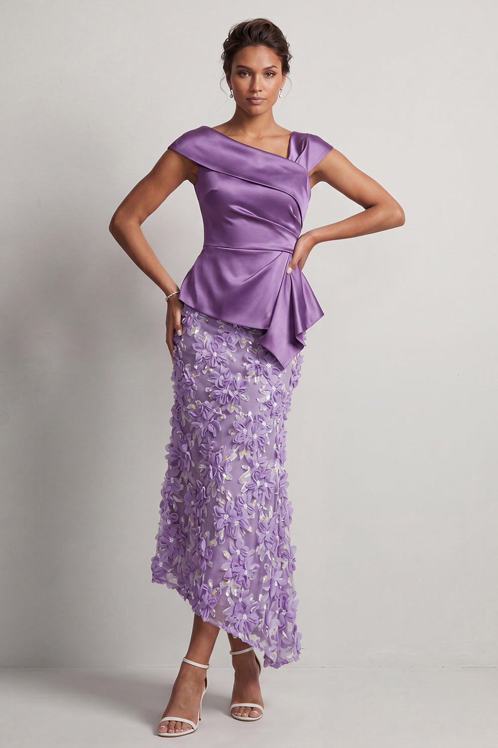 Blue Mermaid Asymmetrical Ruched Floral Midi Mother Of the Bride Dress