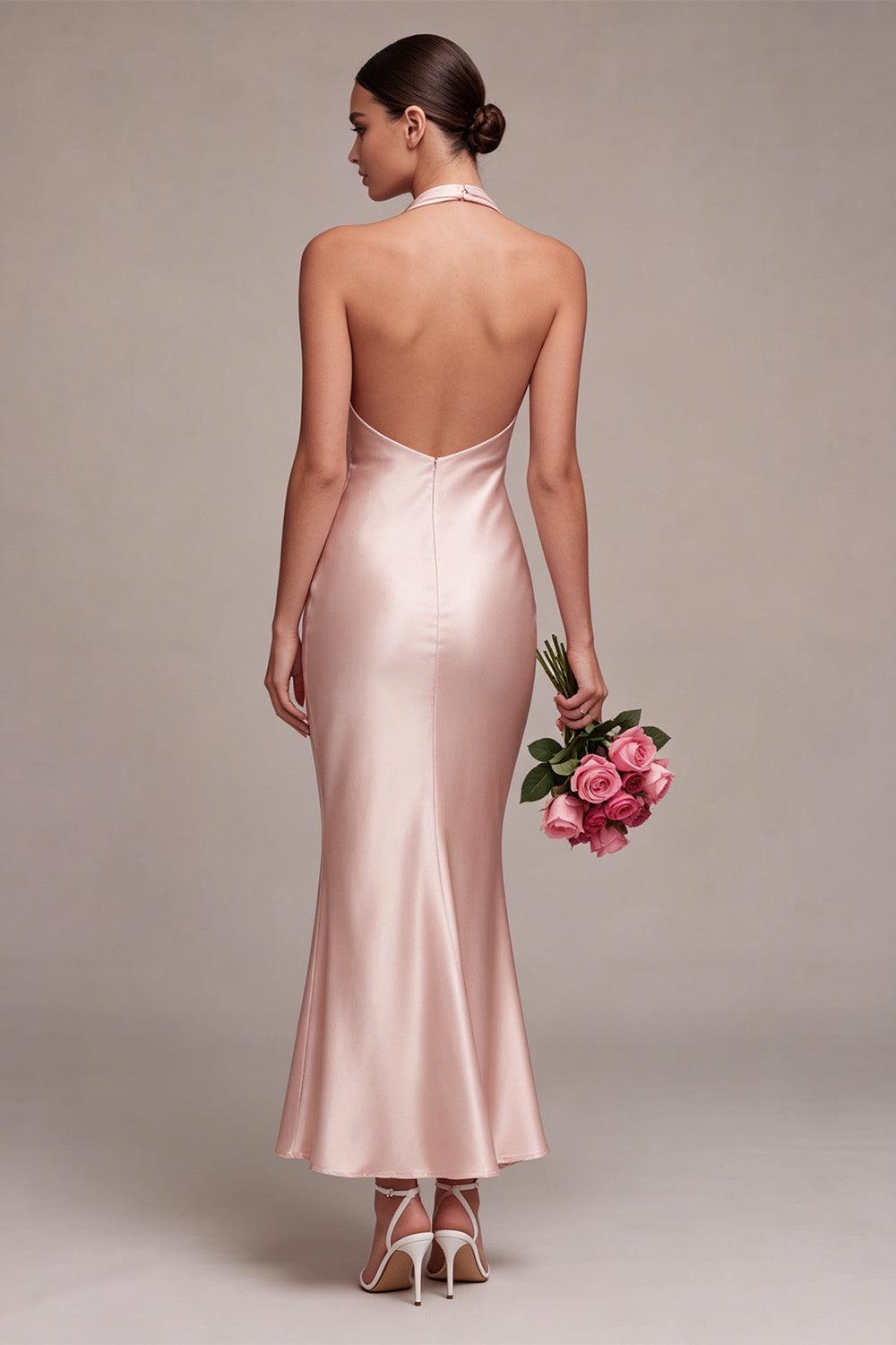 Dark Pink Mermaid Satin Halter Neck Backless Midi Dress with Bow