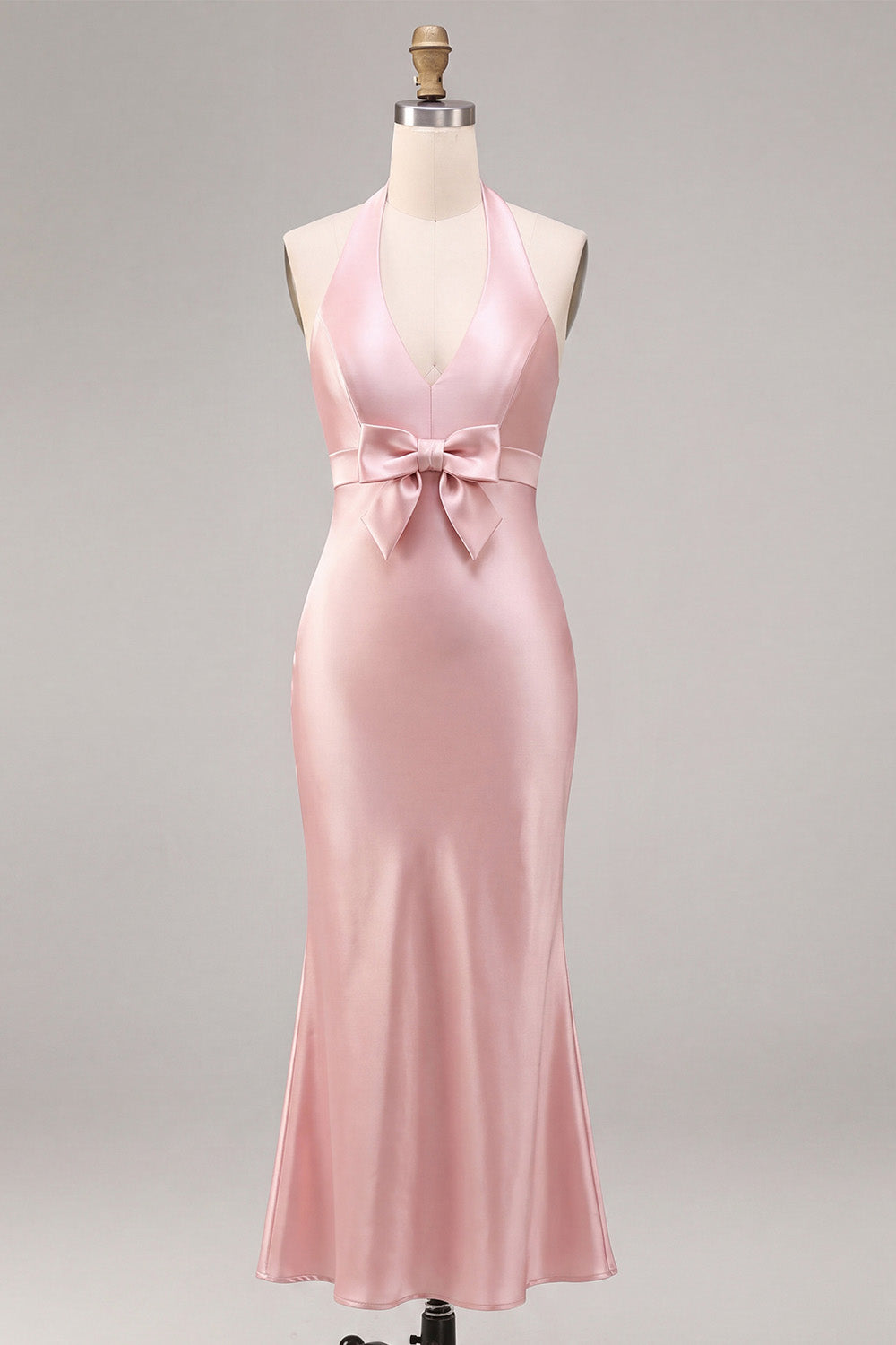 Dark Pink Mermaid Satin Halter Neck Backless Midi Dress with Bow