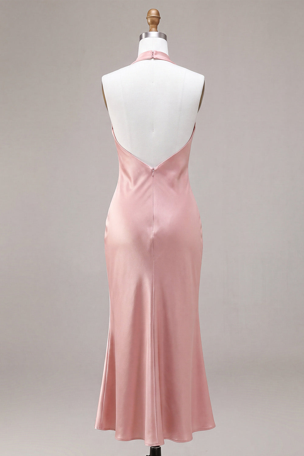 Dark Pink Mermaid Satin Halter Neck Backless Midi Dress with Bow