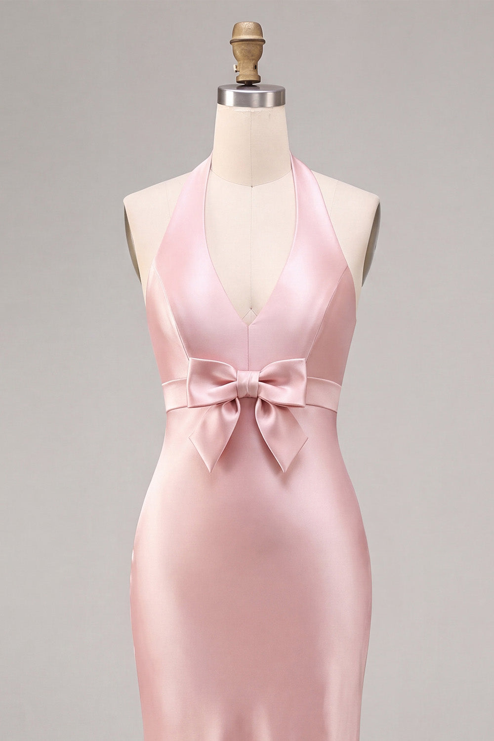 Dark Pink Mermaid Satin Halter Neck Backless Midi Dress with Bow