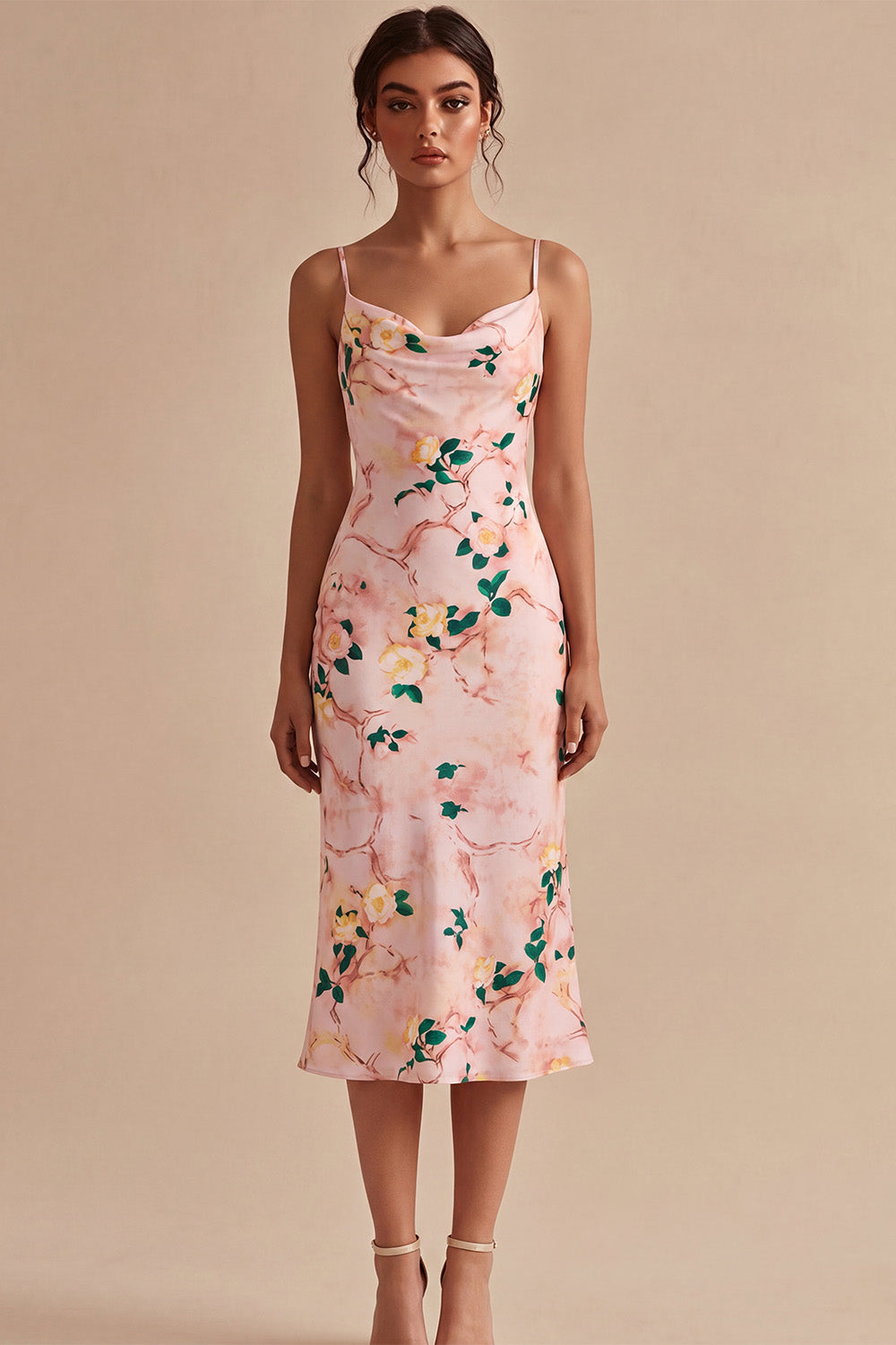 Pink Mermaid Floral Spaghetti Straps Midi Dress