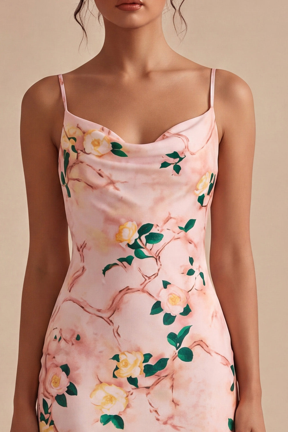 Pink Mermaid Floral Spaghetti Straps Midi Dress