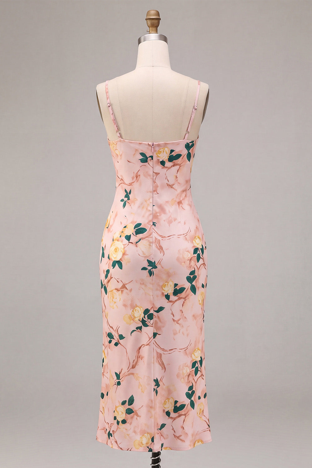 Pink Mermaid Floral Spaghetti Straps Midi Dress