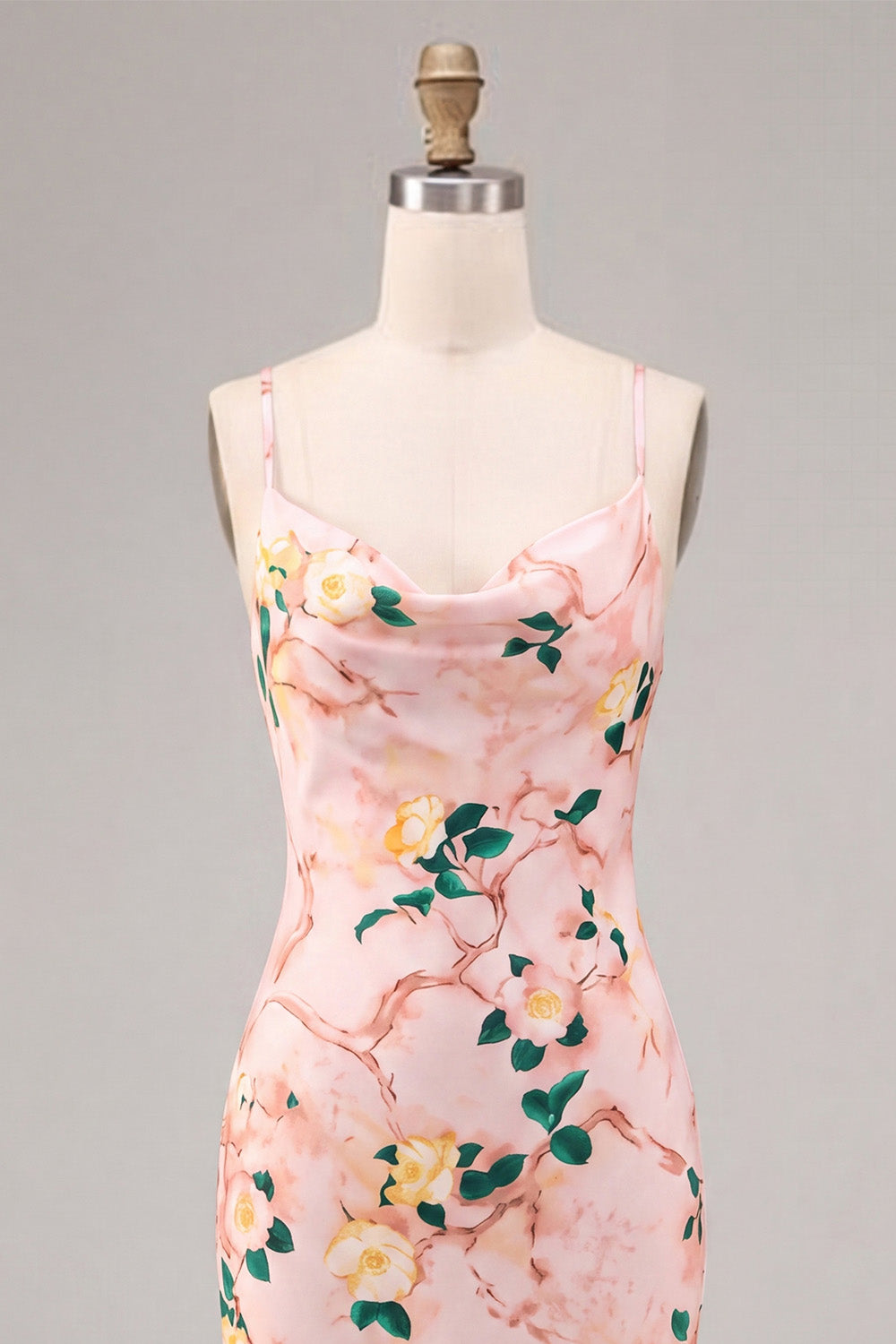Pink Mermaid Floral Spaghetti Straps Midi Dress