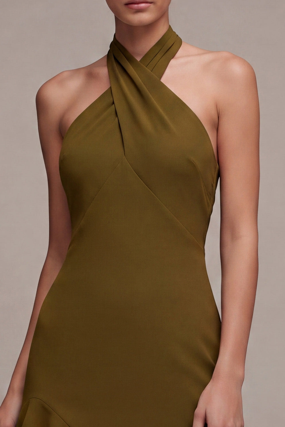 Chiffon Olive A-Line Halter Neck Midi Dress with Ruffles