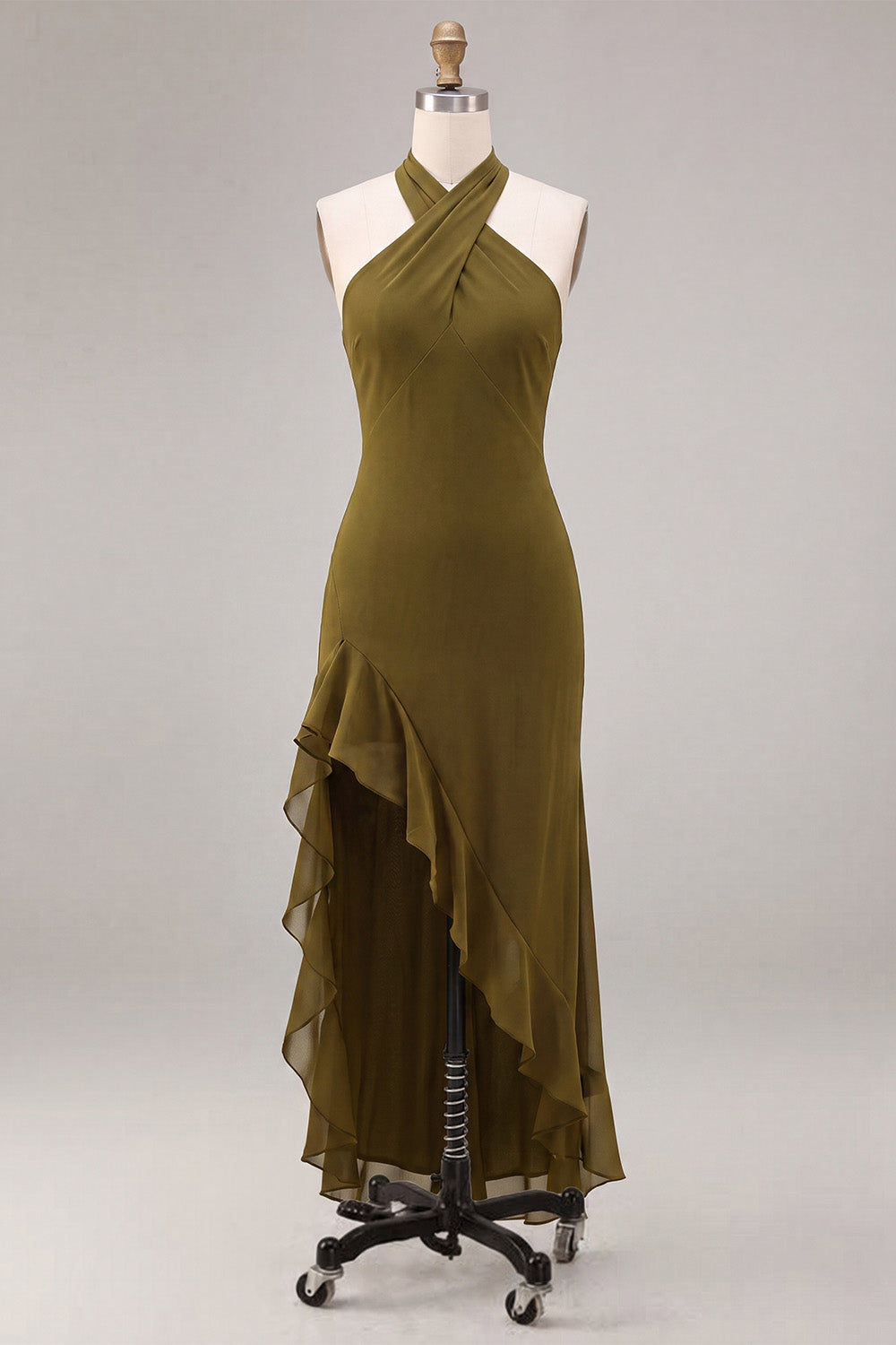 Chiffon Olive A-Line Halter Neck Midi Dress with Ruffles