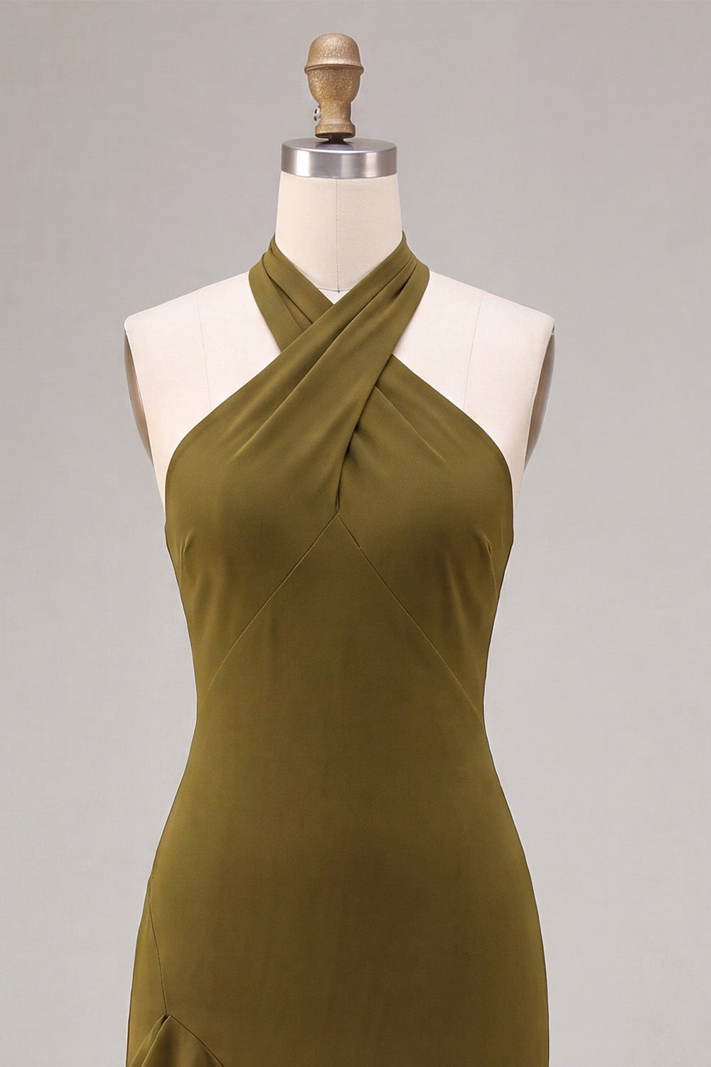 Chiffon Olive A-Line Halter Neck Midi Dress with Ruffles