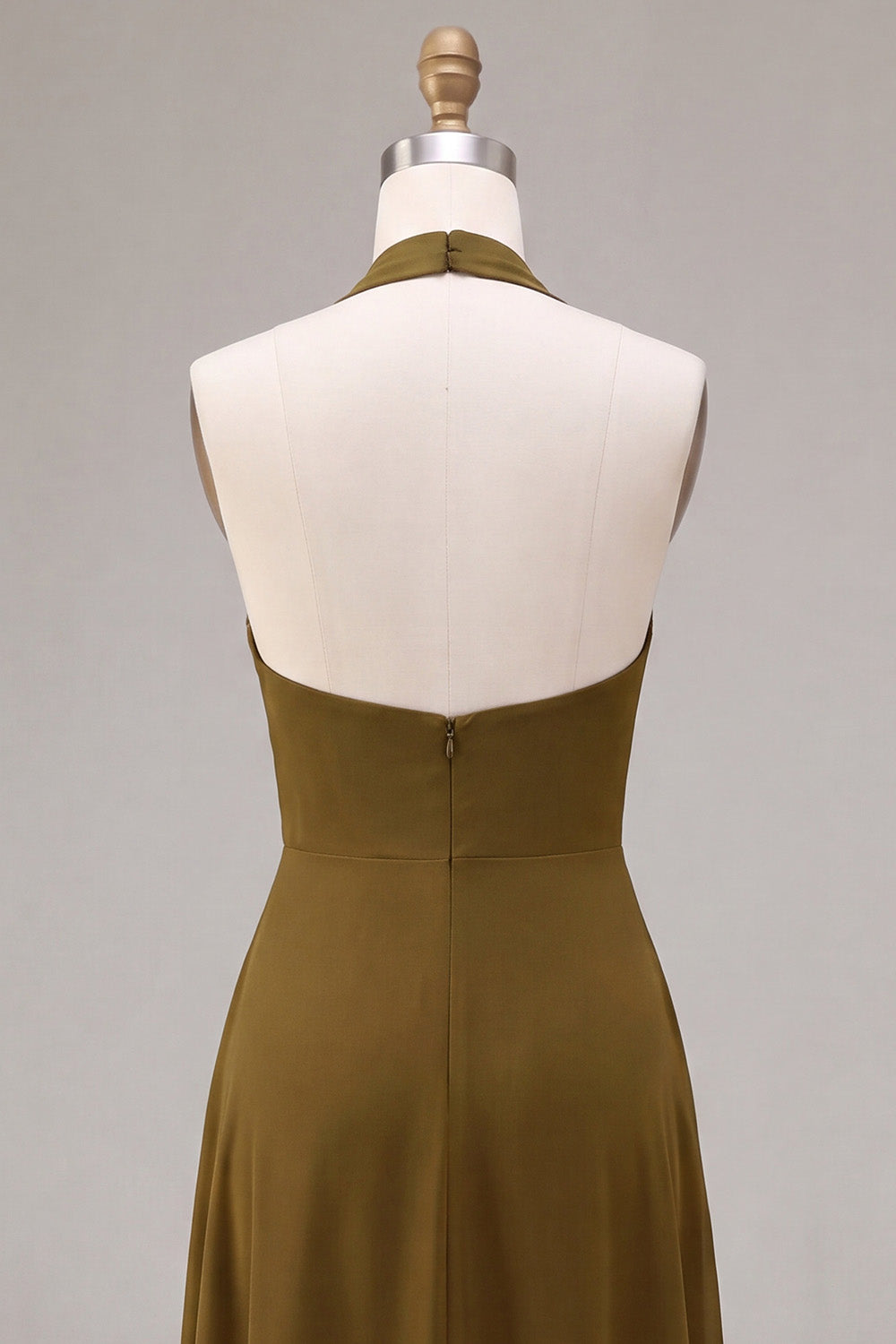 Chiffon Olive A-Line Halter Neck Midi Dress with Ruffles