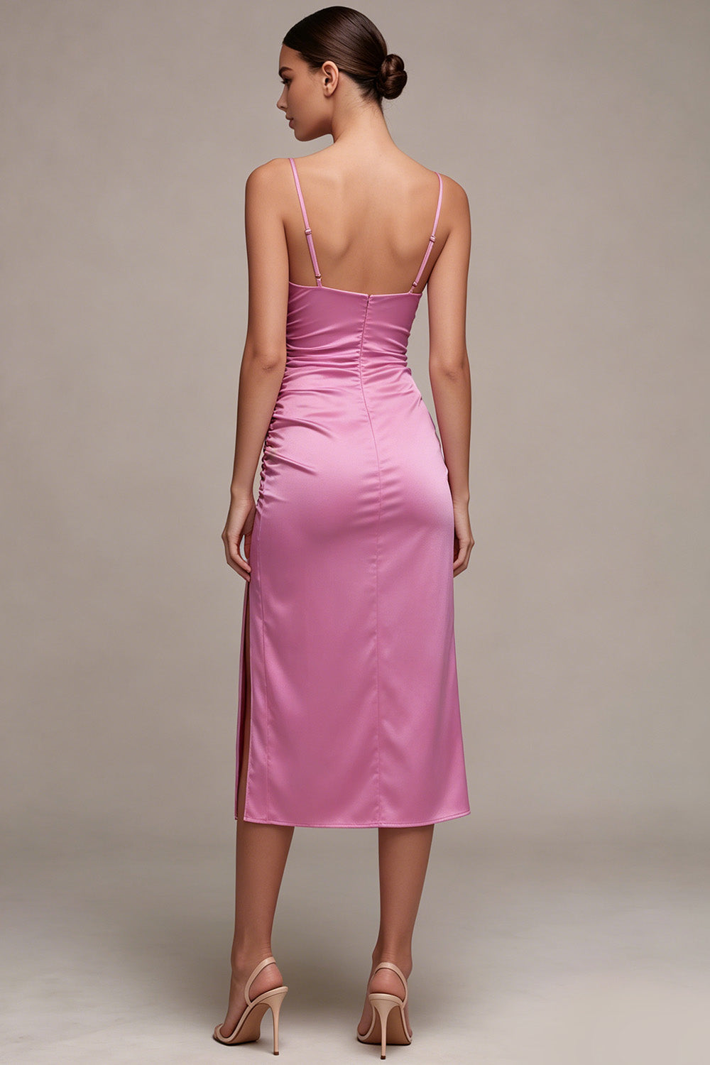 Fuchsia Satin Ruched Mermaid Spaghetti Straps Midi Dress with Slit