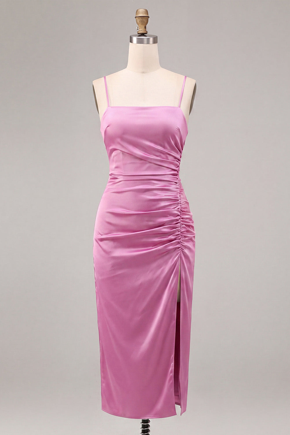 Fuchsia Satin Ruched Mermaid Spaghetti Straps Midi Dress with Slit