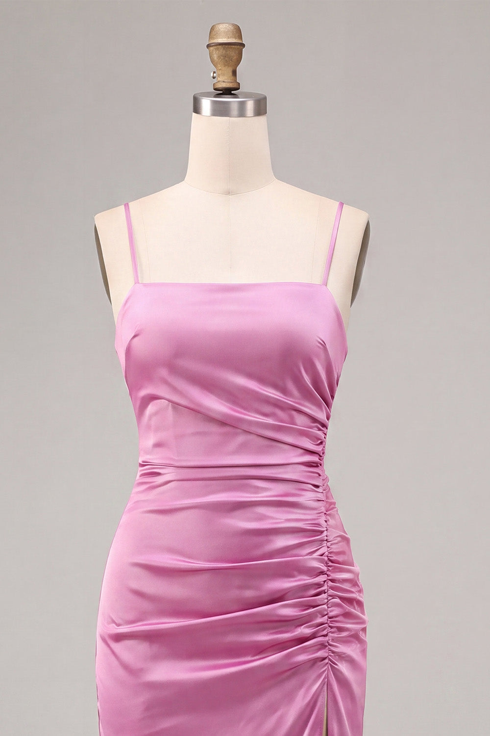 Fuchsia Satin Ruched Mermaid Spaghetti Straps Midi Dress with Slit