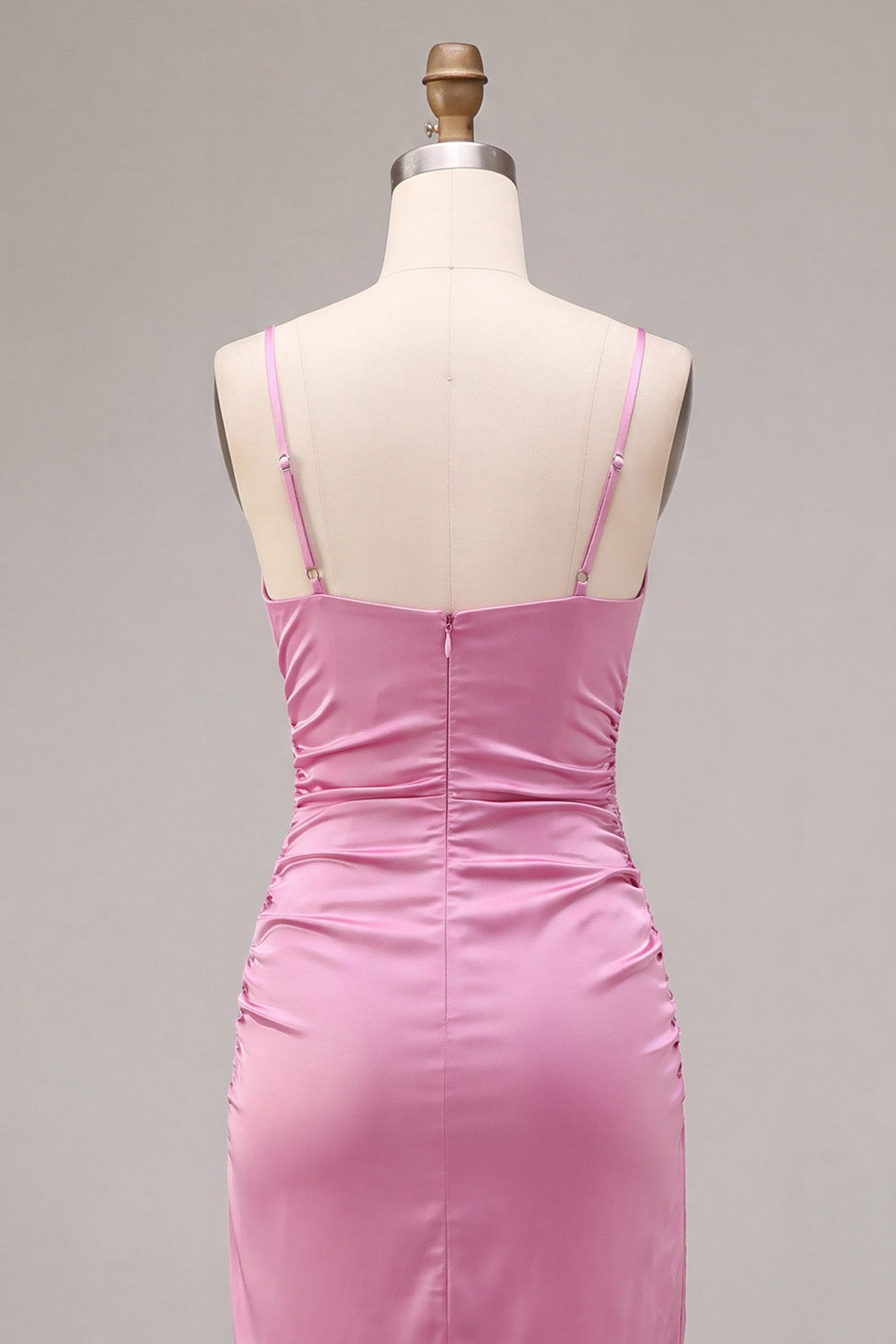 Fuchsia Satin Ruched Mermaid Spaghetti Straps Midi Dress with Slit