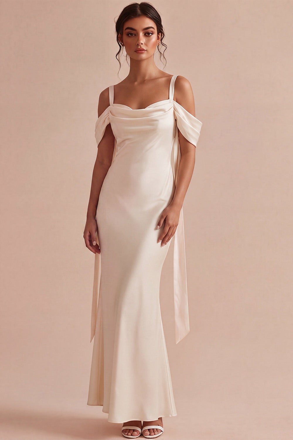 Light Champagne Cold Shoulder Ruched Mermaid Midi Dress