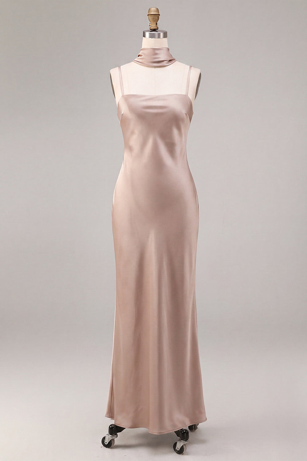Mermaid Dusty Rose Satin Spaghetti Straps Maxi Dress with Neck Scarf