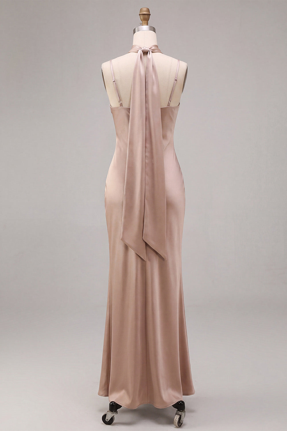 Mermaid Dusty Rose Satin Spaghetti Straps Maxi Dress with Neck Scarf