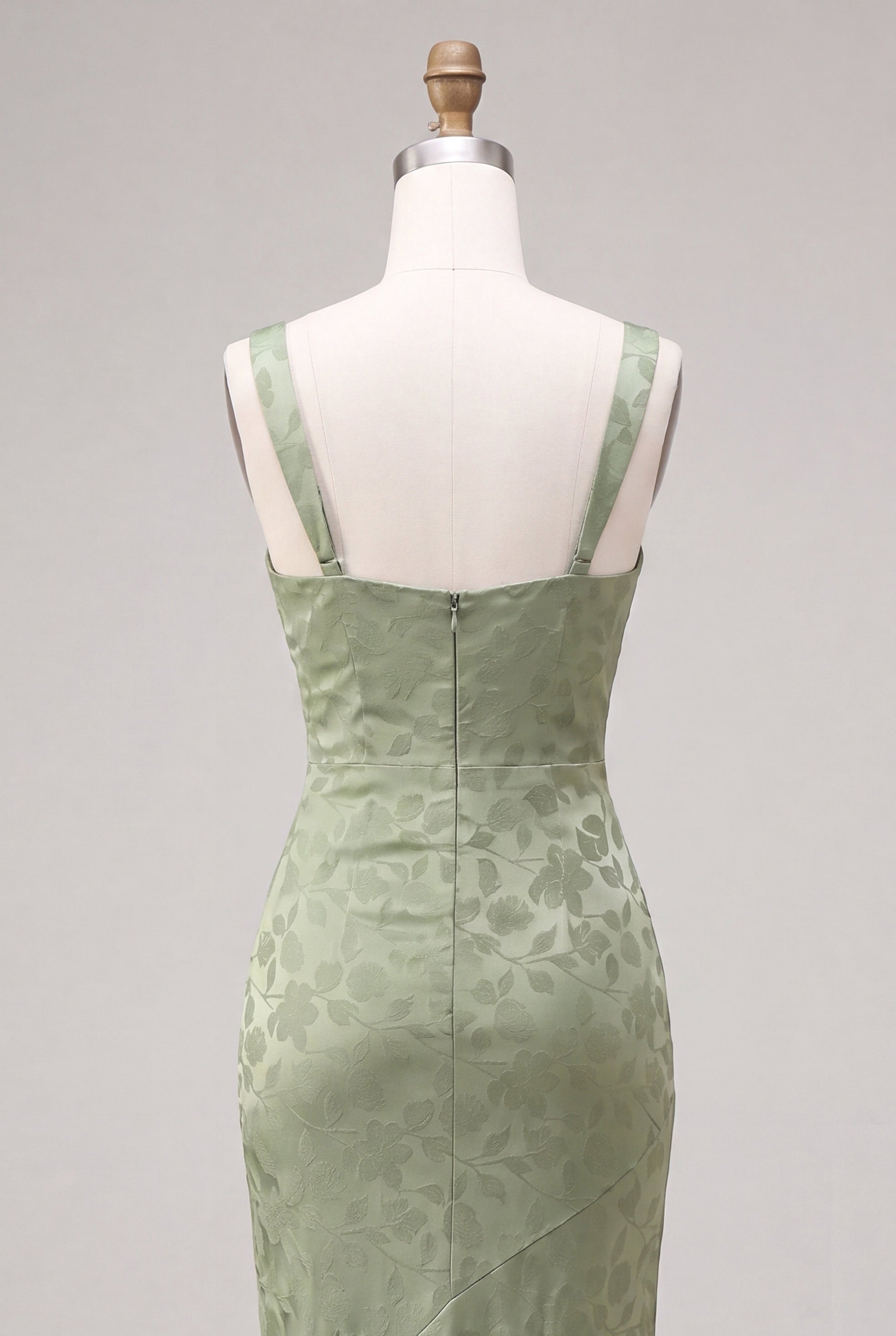 Mermaid Light Green Square Neck Ruched Printed Floral Midi Dress
