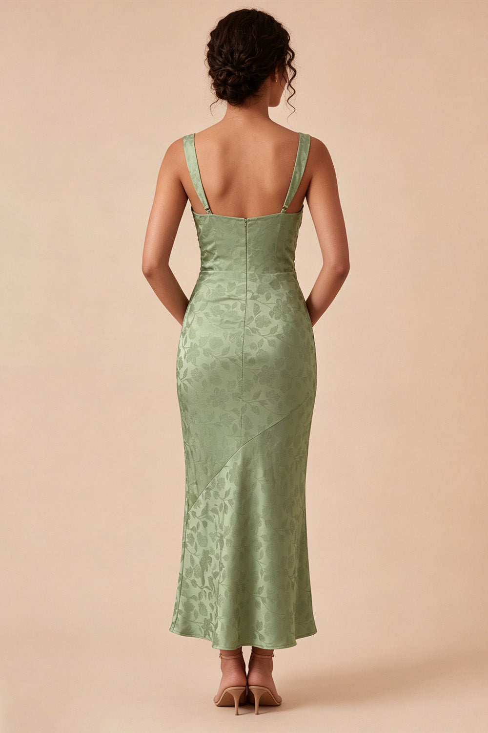 Mermaid Light Green Square Neck Ruched Printed Floral Midi Dress