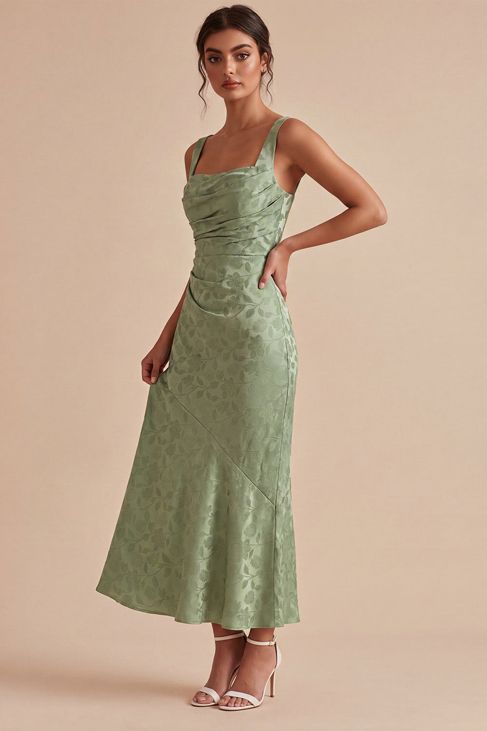 Mermaid Light Green Square Neck Ruched Printed Floral Midi Dress
