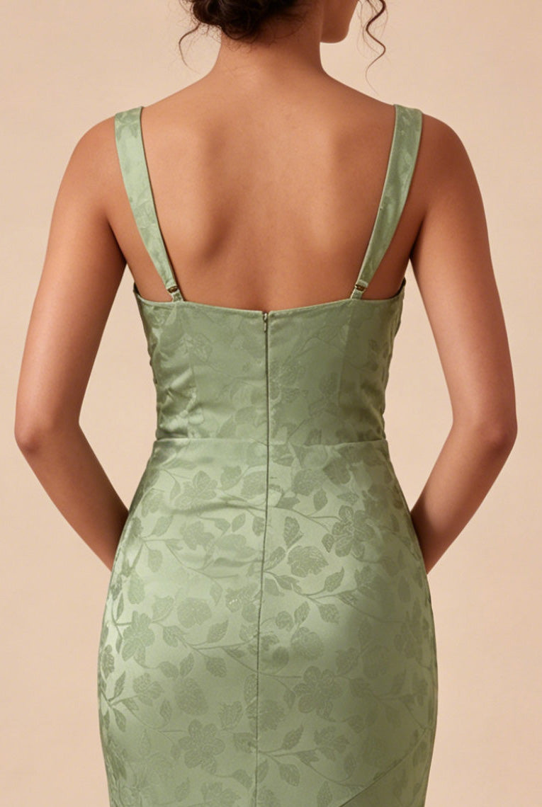 Mermaid Light Green Square Neck Ruched Printed Floral Midi Dress