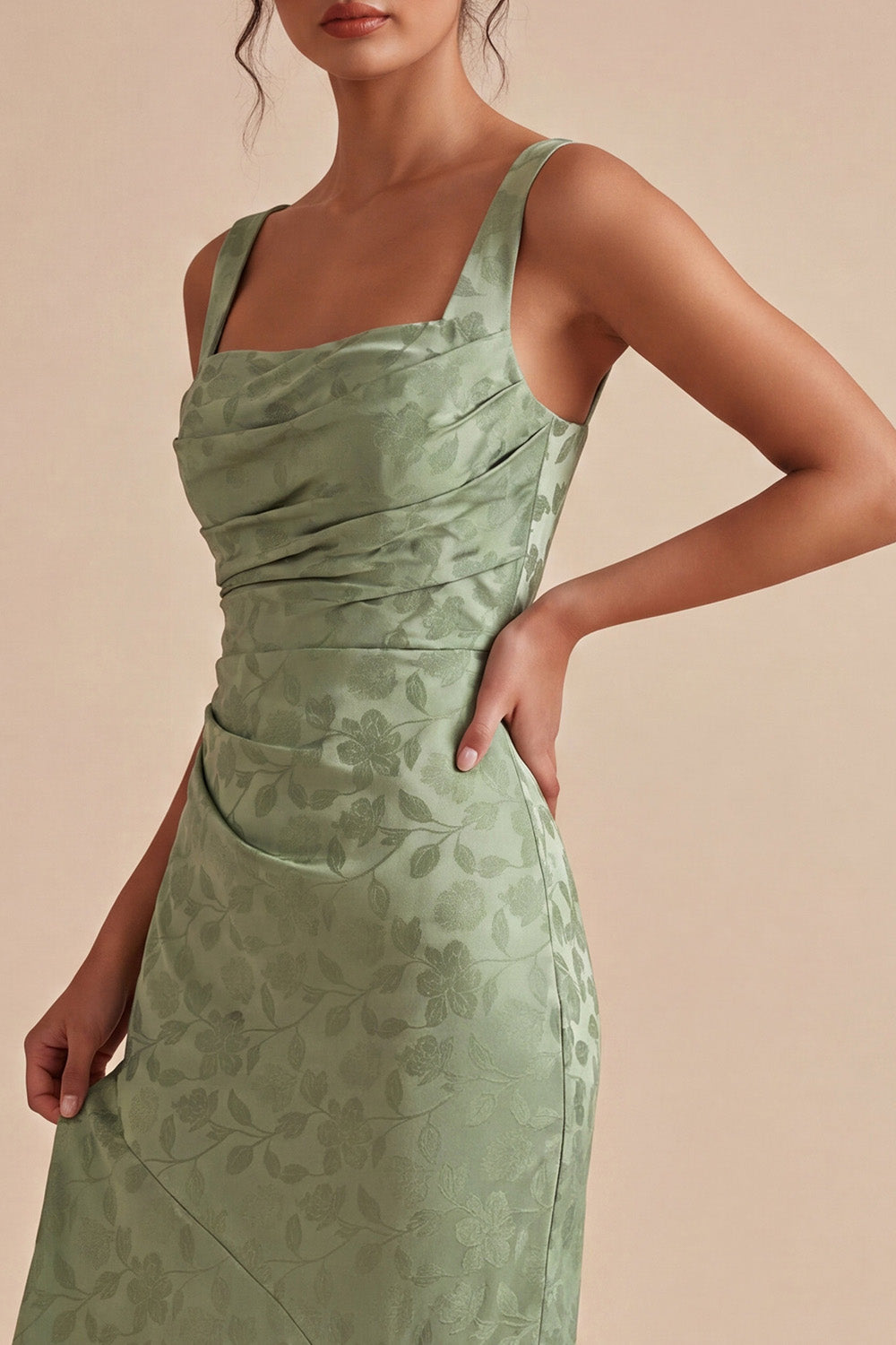 Mermaid Light Green Square Neck Ruched Printed Floral Midi Dress