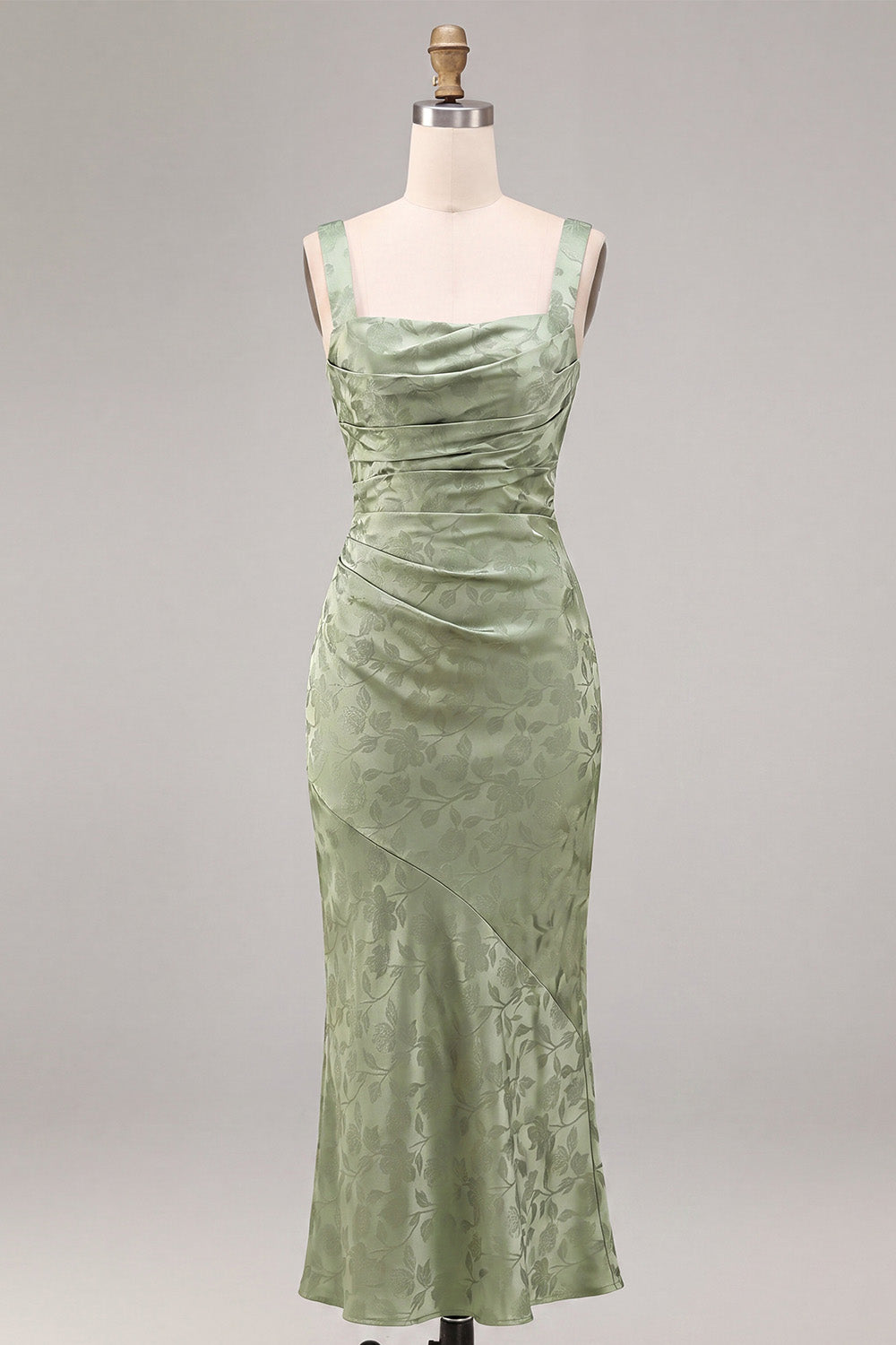 Mermaid Light Green Square Neck Ruched Printed Floral Midi Dress