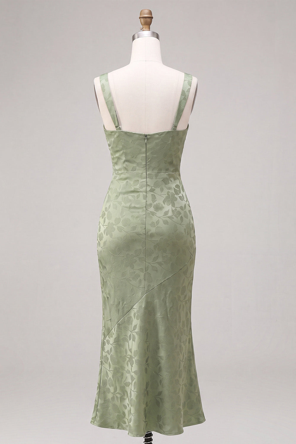 Mermaid Light Green Square Neck Ruched Printed Floral Midi Dress