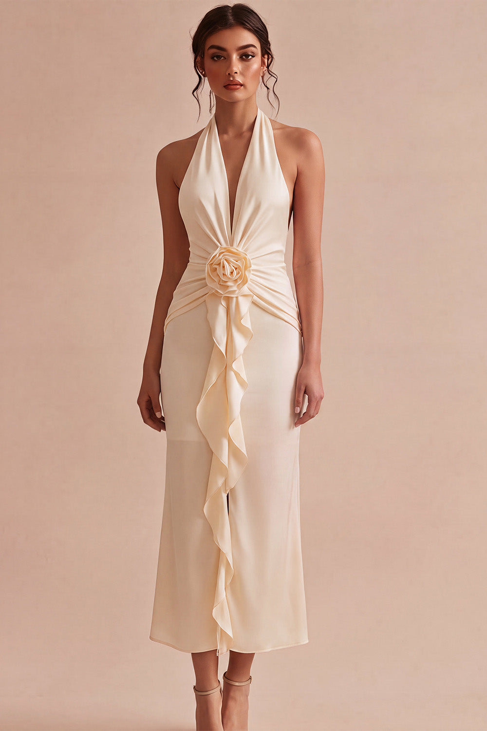 Chiffon Apricot Mermaid Halter Neck Ruched Ruffled Midi Dress with 3D Flower
