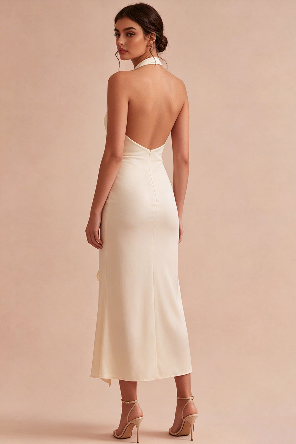 Chiffon Apricot Mermaid Halter Neck Ruched Ruffled Midi Dress with 3D Flower