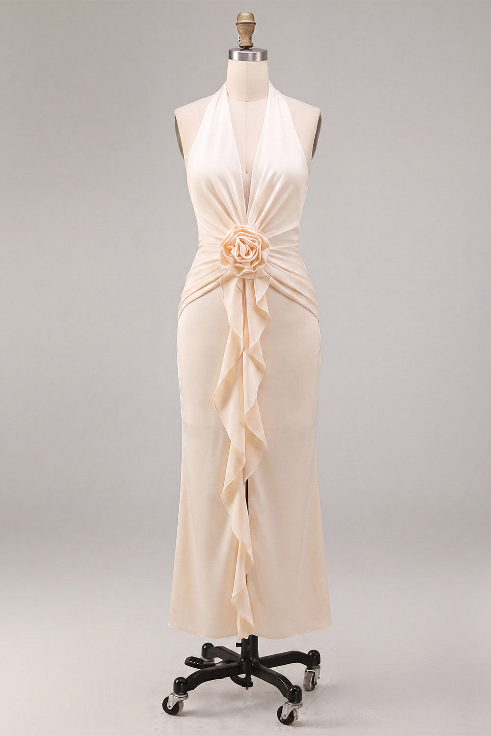 Chiffon Apricot Mermaid Halter Neck Ruched Ruffled Midi Dress with 3D Flower