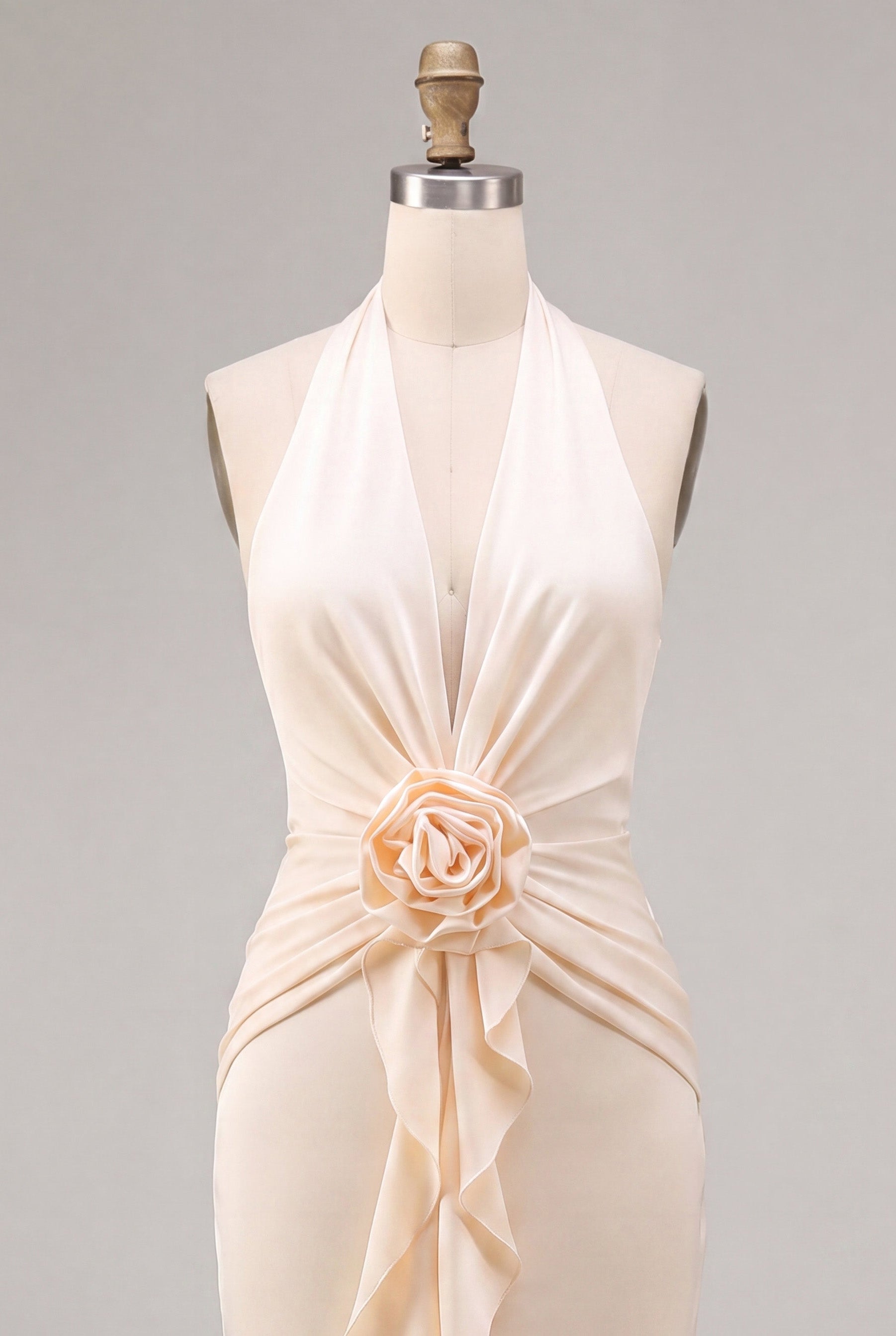 Chiffon Apricot Mermaid Halter Neck Ruched Ruffled Midi Dress with 3D Flower