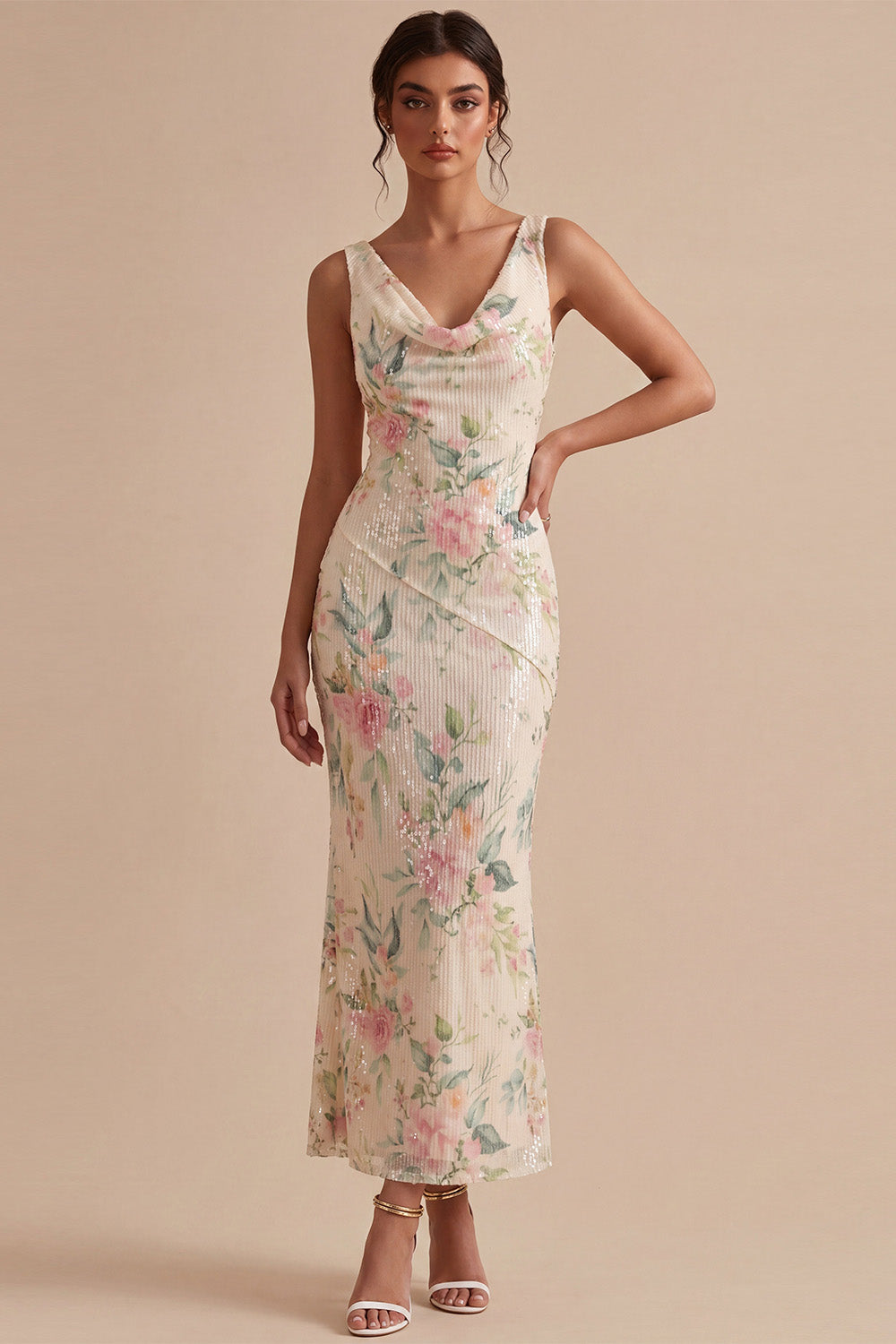 White Pink Flower Cowl Neck Mermaid Sequins Midi Dress with Slit